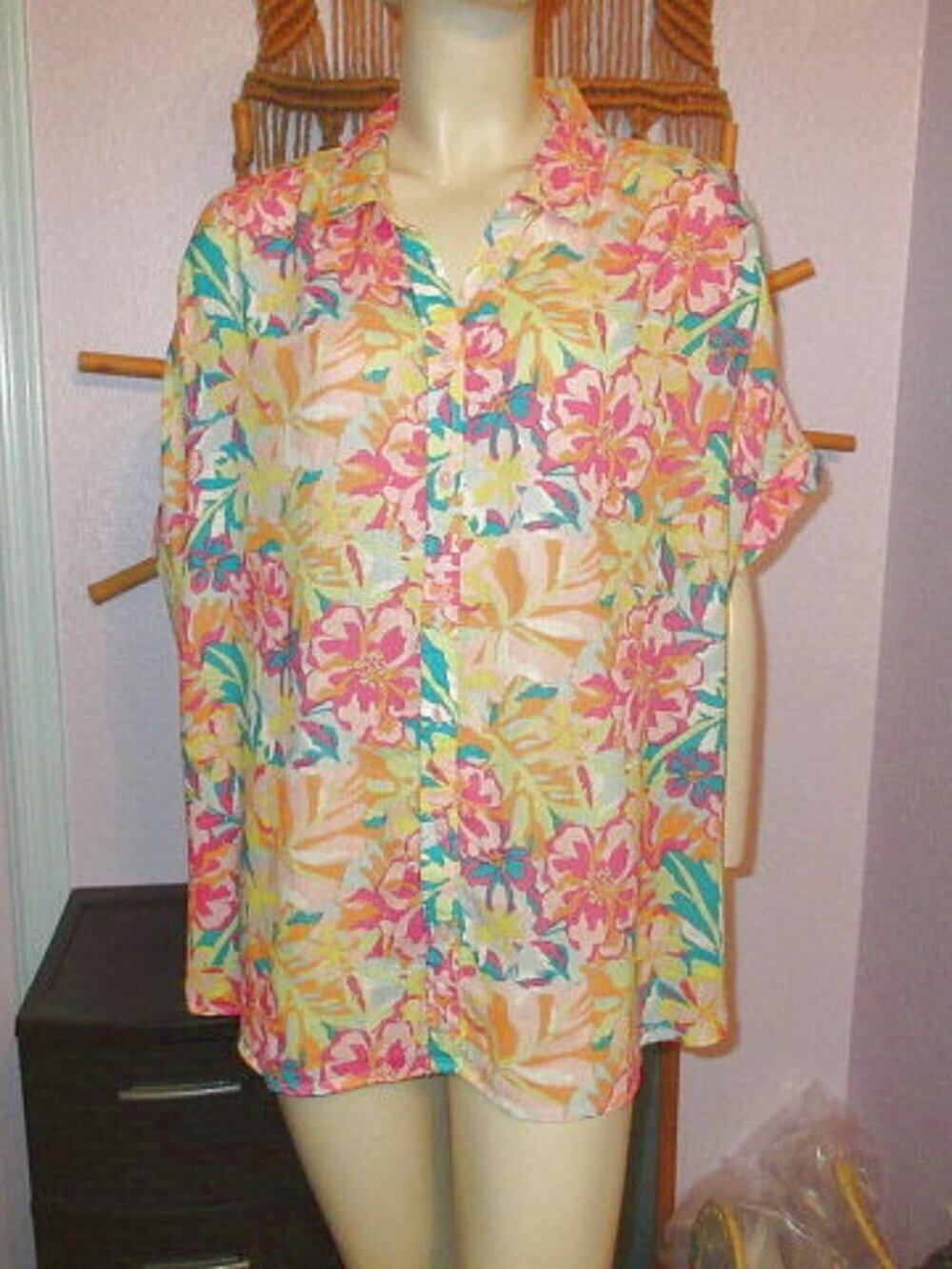 Time And Tru Button Up Top Size XL Linen Blend Tunic Camp Short Sleeves Tropical
